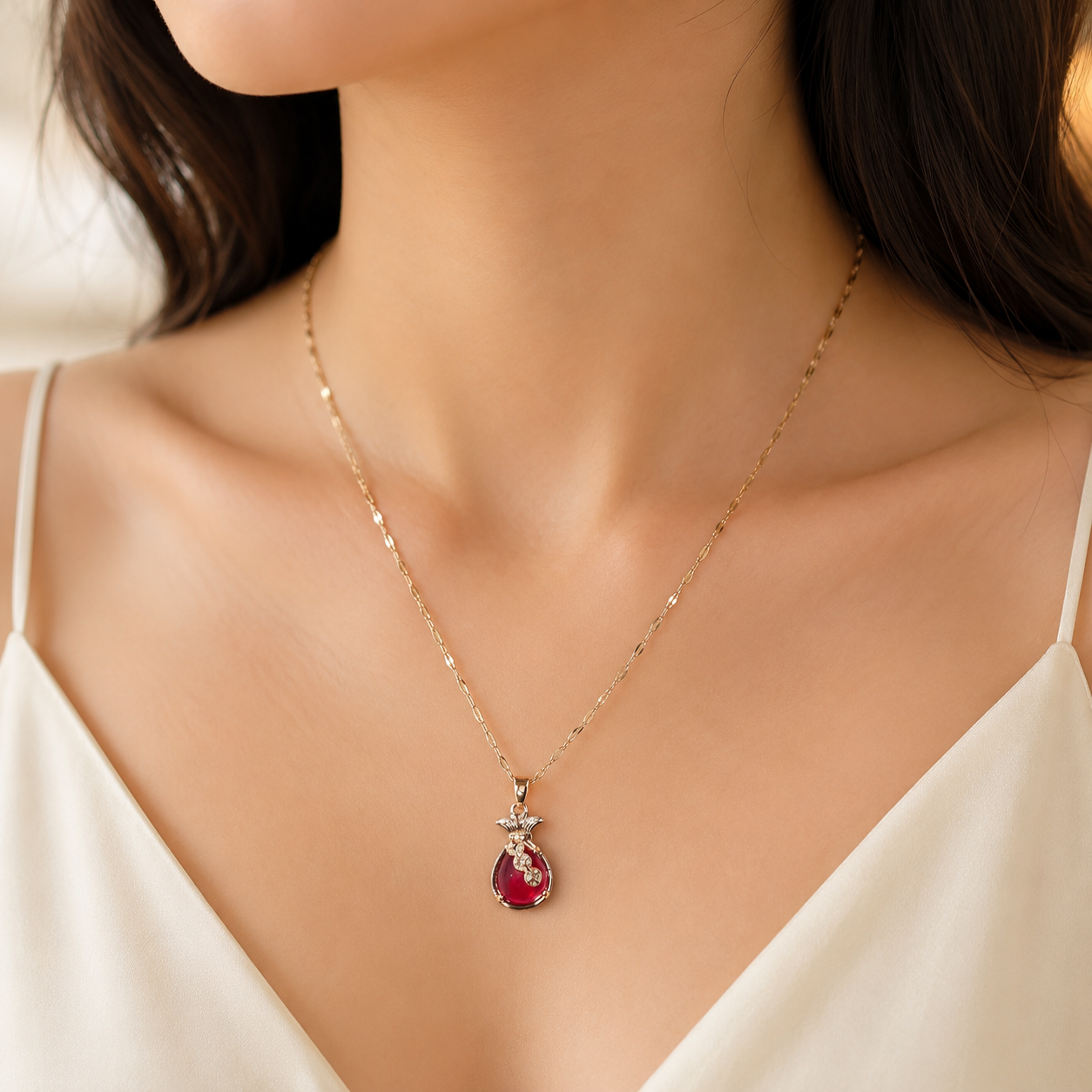 Red Teardrop Pendant Necklace, Gold Tone Stainless Steel, Sparkling Clear Stone Accents, 18 Inch Adjustable Gift for Her