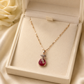 Red Teardrop Pendant Necklace, Gold Tone Stainless Steel, Sparkling Clear Stone Accents, 18 Inch Adjustable Gift for Her