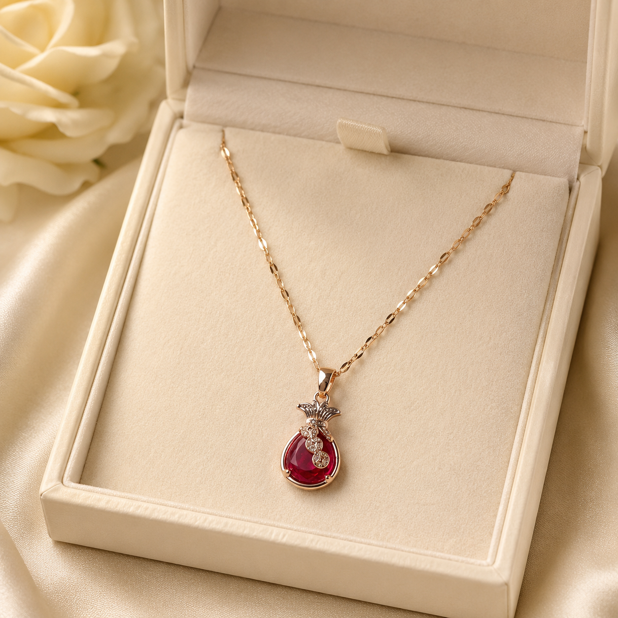Red Teardrop Pendant Necklace, Gold Tone Stainless Steel, Sparkling Clear Stone Accents, 18 Inch Adjustable Gift for Her