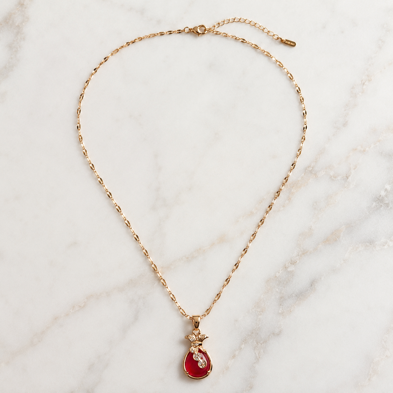 Red Teardrop Pendant Necklace, Gold Tone Stainless Steel, Sparkling Clear Stone Accents, 18 Inch Adjustable Gift for Her