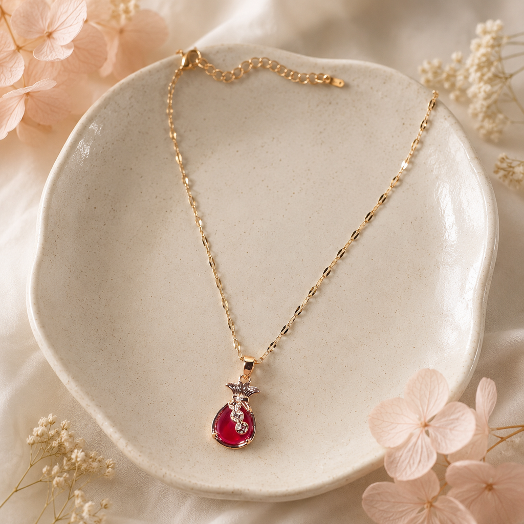 Red Teardrop Pendant Necklace, Gold Tone Stainless Steel, Sparkling Clear Stone Accents, 18 Inch Adjustable Gift for Her