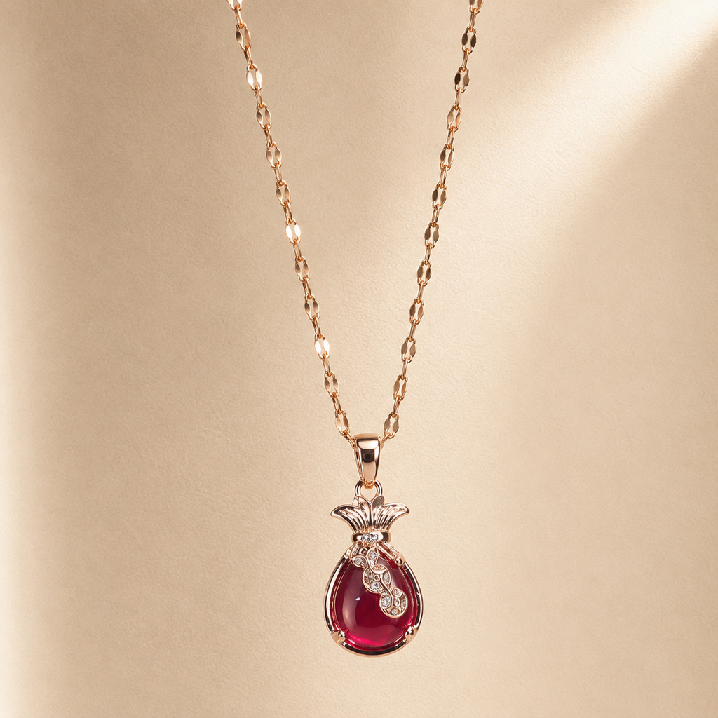Red Teardrop Pendant Necklace, Gold Tone Stainless Steel, Sparkling Clear Stone Accents, 18 Inch Adjustable Gift for Her