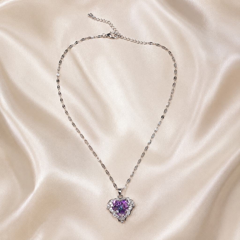 Purple Heart Crystal Necklace, Silver Tone Stainless Steel Pendant, 18 Inch Adjustable Sparkling Jewelry Gift for Her