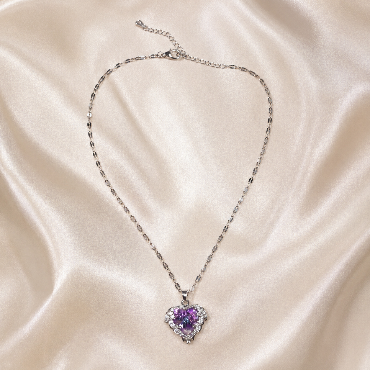 Purple Heart Crystal Necklace, Silver Tone Stainless Steel Pendant, 18 Inch Adjustable Sparkling Jewelry Gift for Her