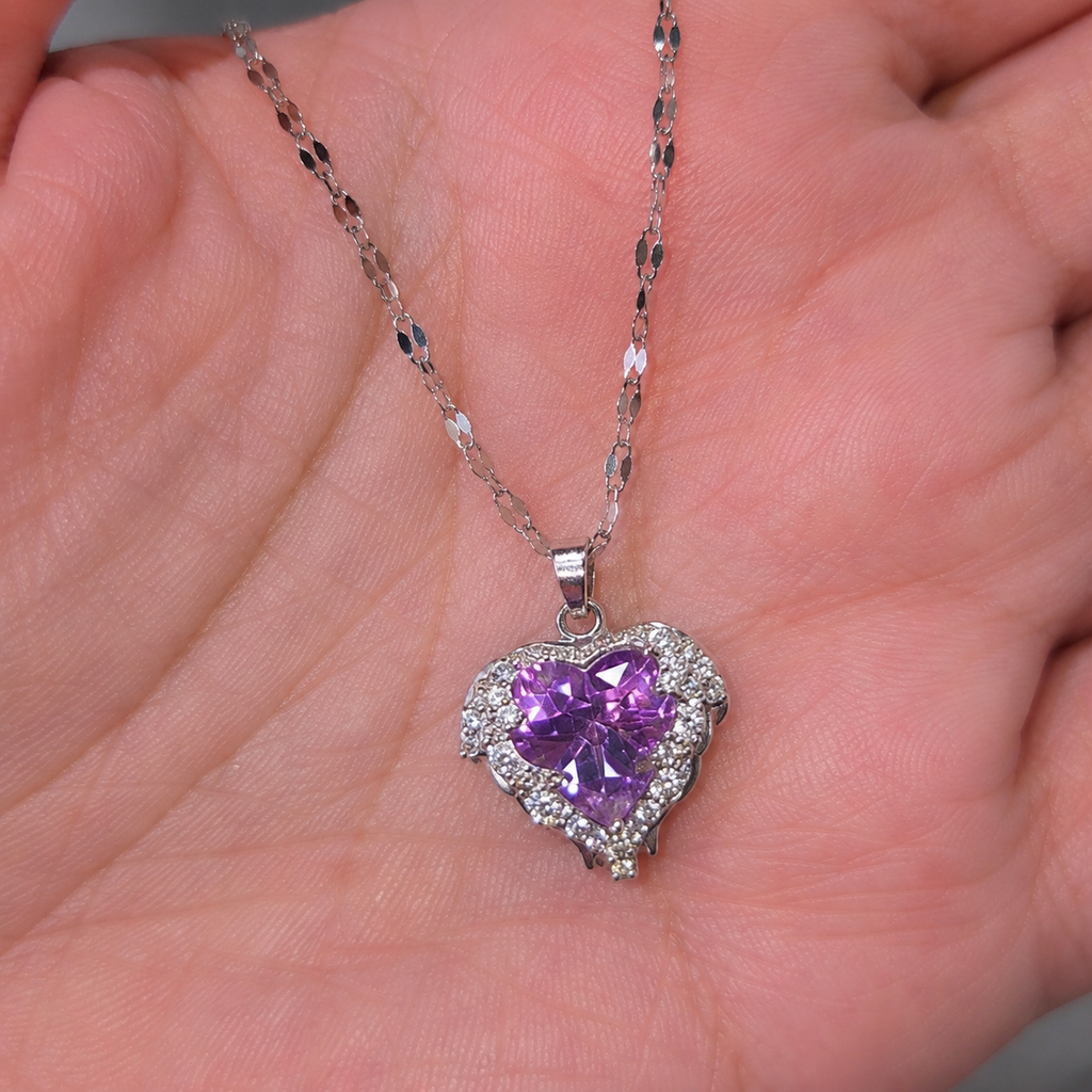 Purple Heart Crystal Necklace, Silver Tone Stainless Steel Pendant, 18 Inch Adjustable Sparkling Jewelry Gift for Her