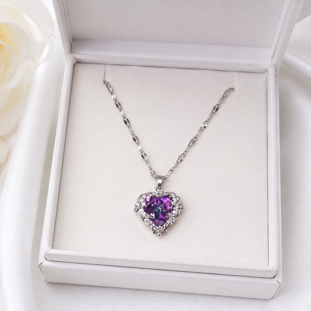 Purple Heart Crystal Necklace, Silver Tone Stainless Steel Pendant, 18 Inch Adjustable Sparkling Jewelry Gift for Her