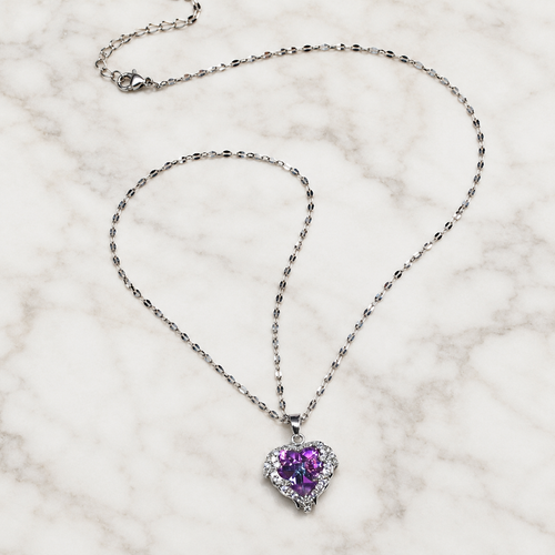 Purple Heart Crystal Necklace, Silver Tone Stainless Steel Pendant, 18 Inch Adjustable Sparkling Jewelry Gift for Her