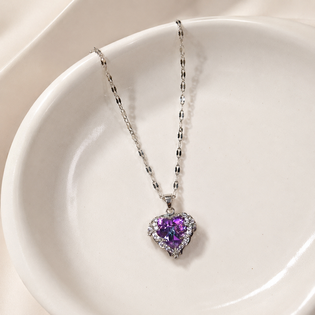 Purple Heart Crystal Necklace, Silver Tone Stainless Steel Pendant, 18 Inch Adjustable Sparkling Jewelry Gift for Her