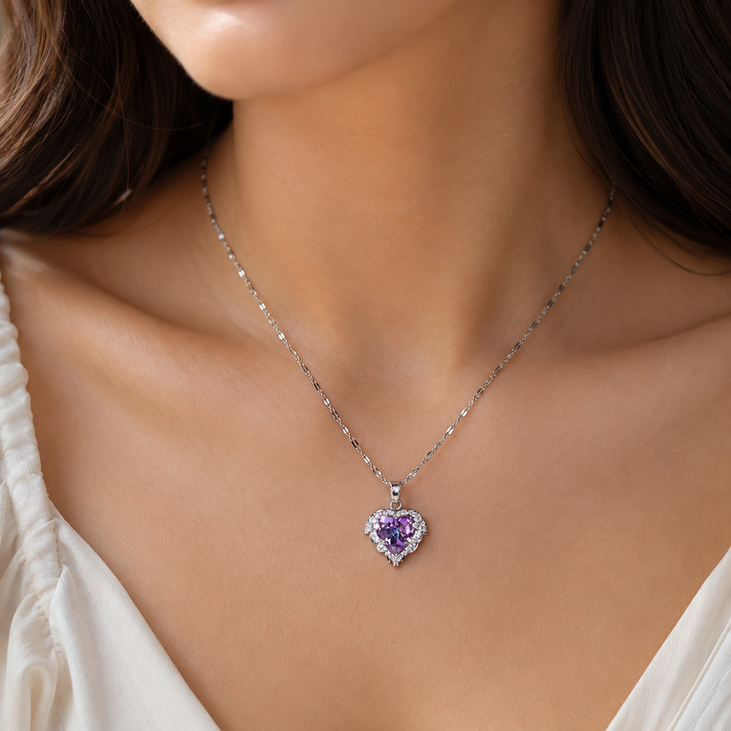 Purple Heart Crystal Necklace, Silver Tone Stainless Steel Pendant, 18 Inch Adjustable Sparkling Jewelry Gift for Her