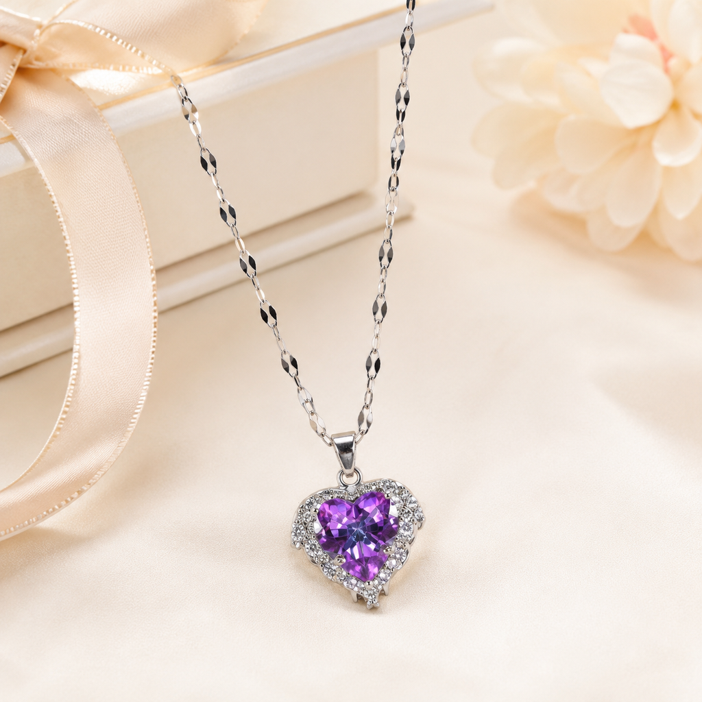 Purple Heart Crystal Necklace, Silver Tone Stainless Steel Pendant, 18 Inch Adjustable Sparkling Jewelry Gift for Her