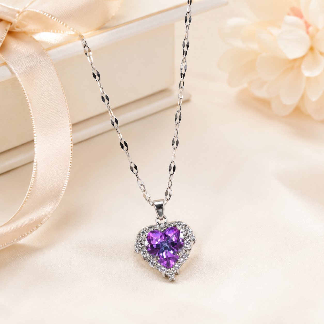 Purple Heart Crystal Necklace, Silver Tone Stainless Steel Pendant, 18 Inch Adjustable Sparkling Jewelry Gift for Her