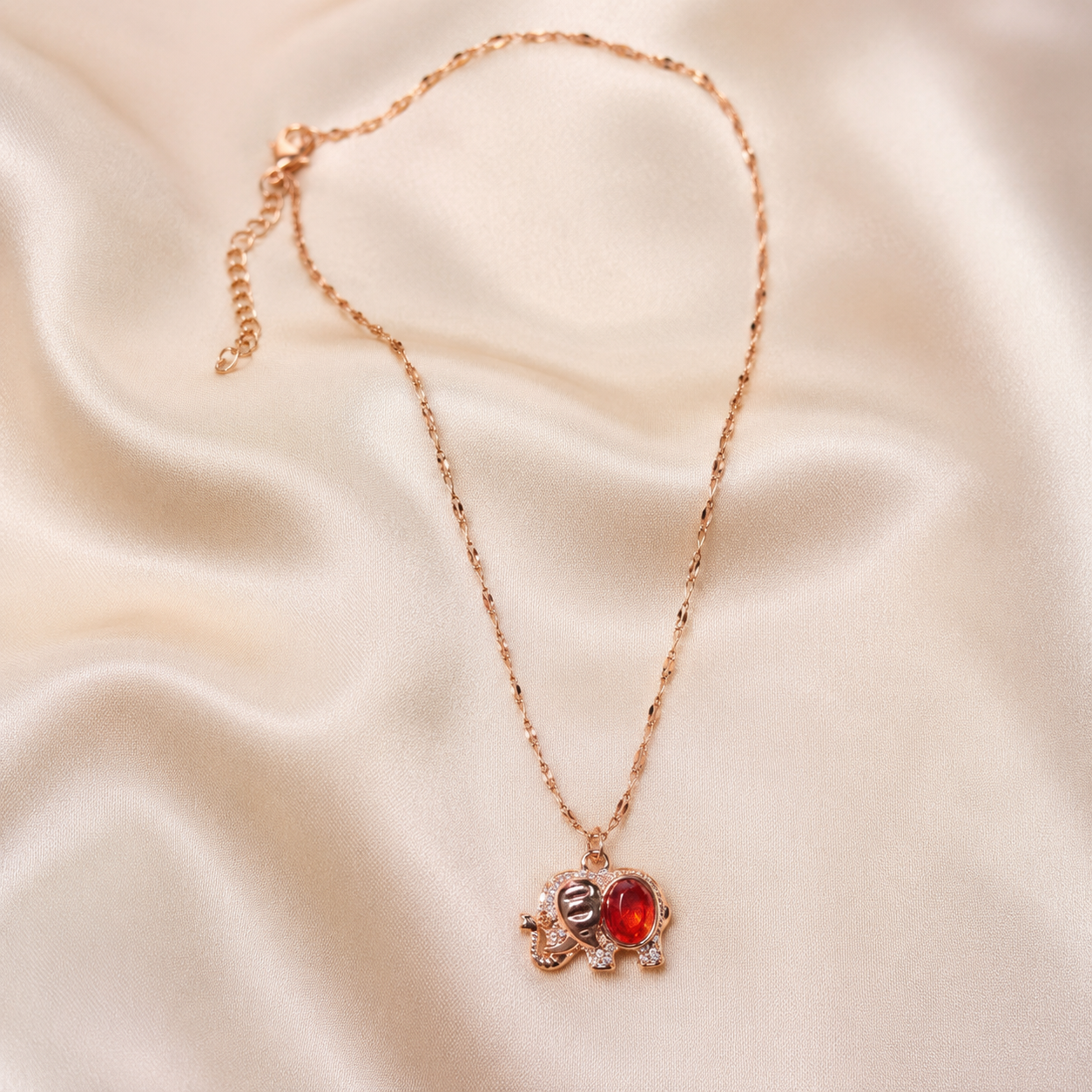 Red Elephant Pendant Necklace, Rose Gold Tone Stainless Steel, 18 Inch Adjustable Crystal Animal Jewelry Gift for Her