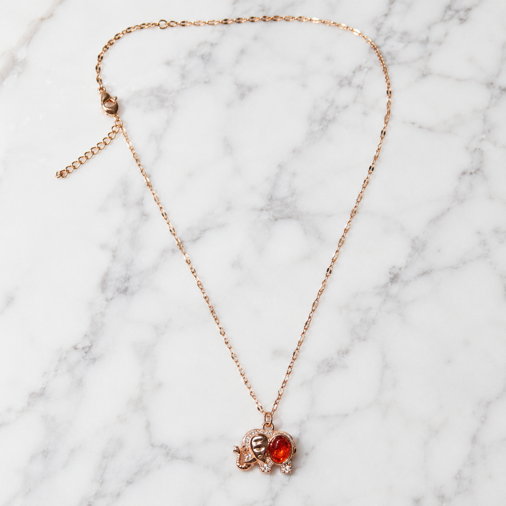 Red Elephant Pendant Necklace, Rose Gold Tone Stainless Steel, 18 Inch Adjustable Crystal Animal Jewelry Gift for Her