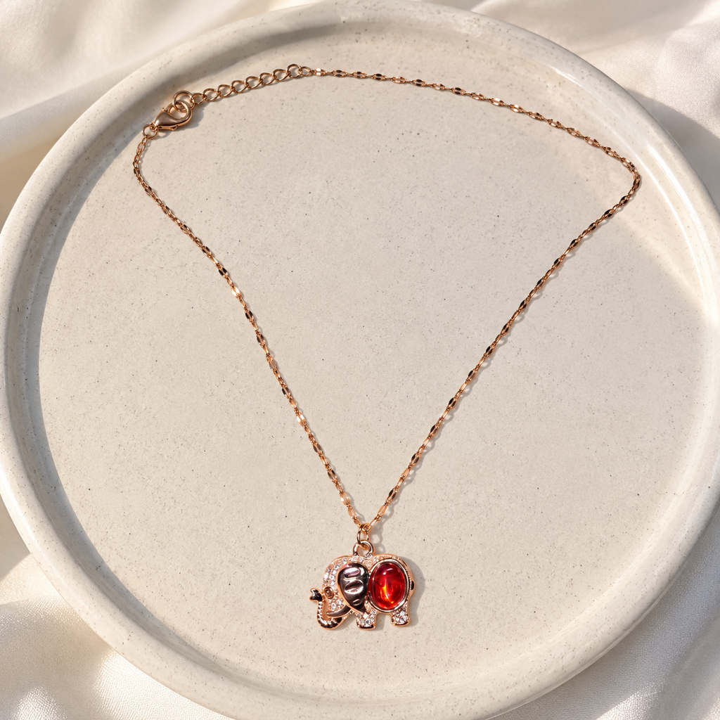 Red Elephant Pendant Necklace, Rose Gold Tone Stainless Steel, 18 Inch Adjustable Crystal Animal Jewelry Gift for Her