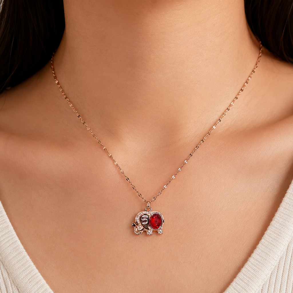 Red Elephant Pendant Necklace, Rose Gold Tone Stainless Steel, 18 Inch Adjustable Crystal Animal Jewelry Gift for Her