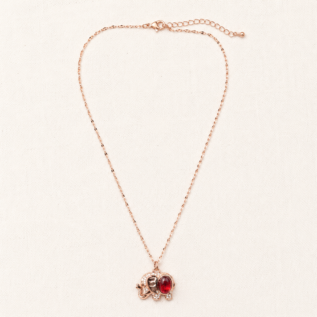 Red Elephant Pendant Necklace, Rose Gold Tone Stainless Steel, 18 Inch Adjustable Crystal Animal Jewelry Gift for Her
