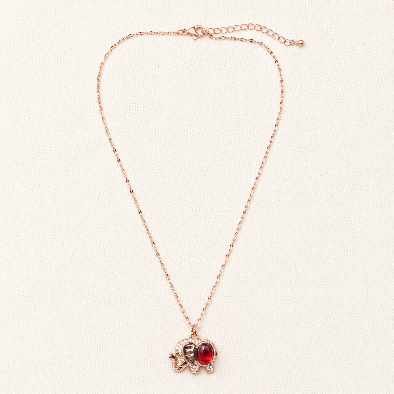 Red Elephant Pendant Necklace, Rose Gold Tone Stainless Steel, 18 Inch Adjustable Crystal Animal Jewelry Gift for Her