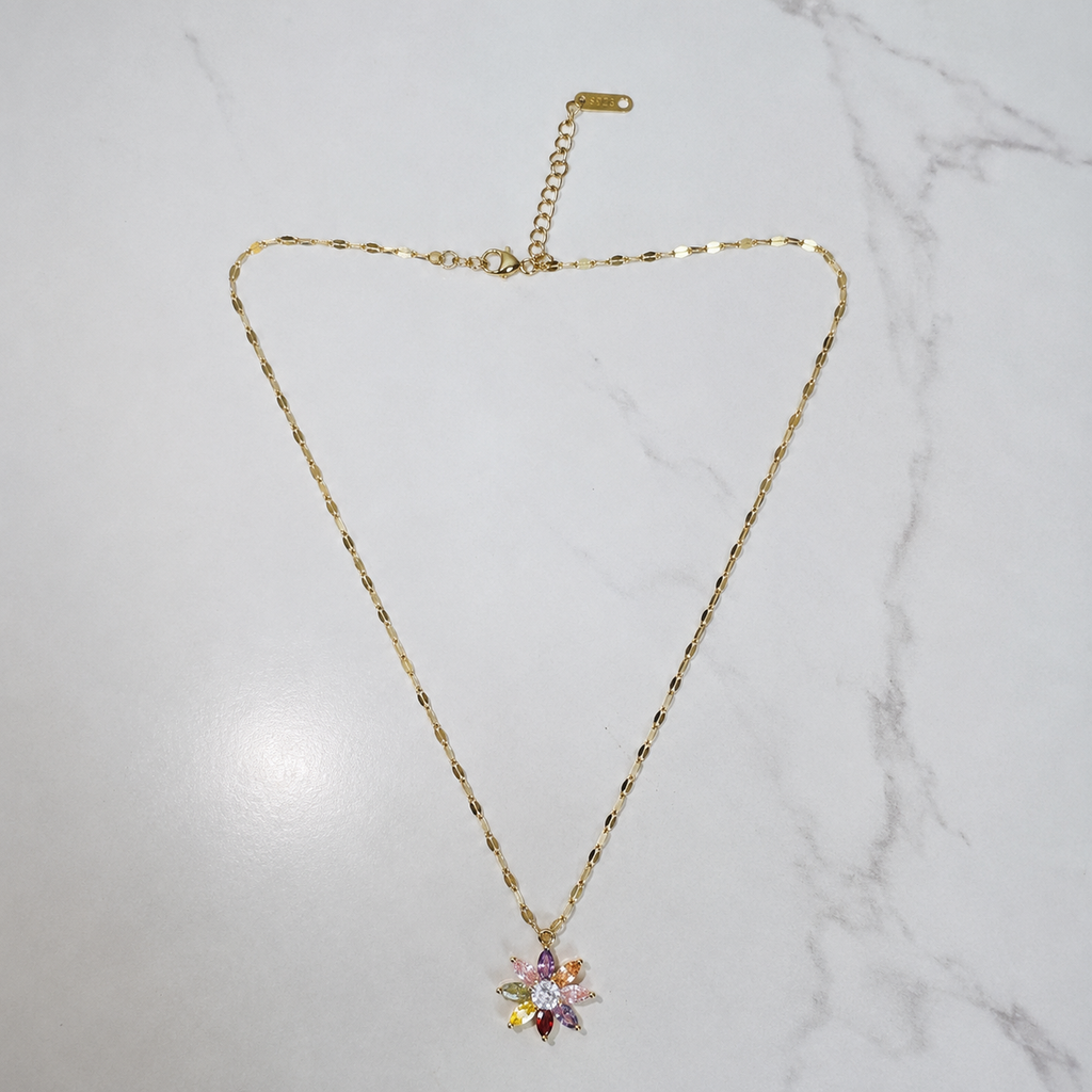 Multicolor Flower Necklace, Gold Stainless Steel, Rainbow CZ Floral Pendant, 18 Inch Adjustable Jewelry Gift for Her