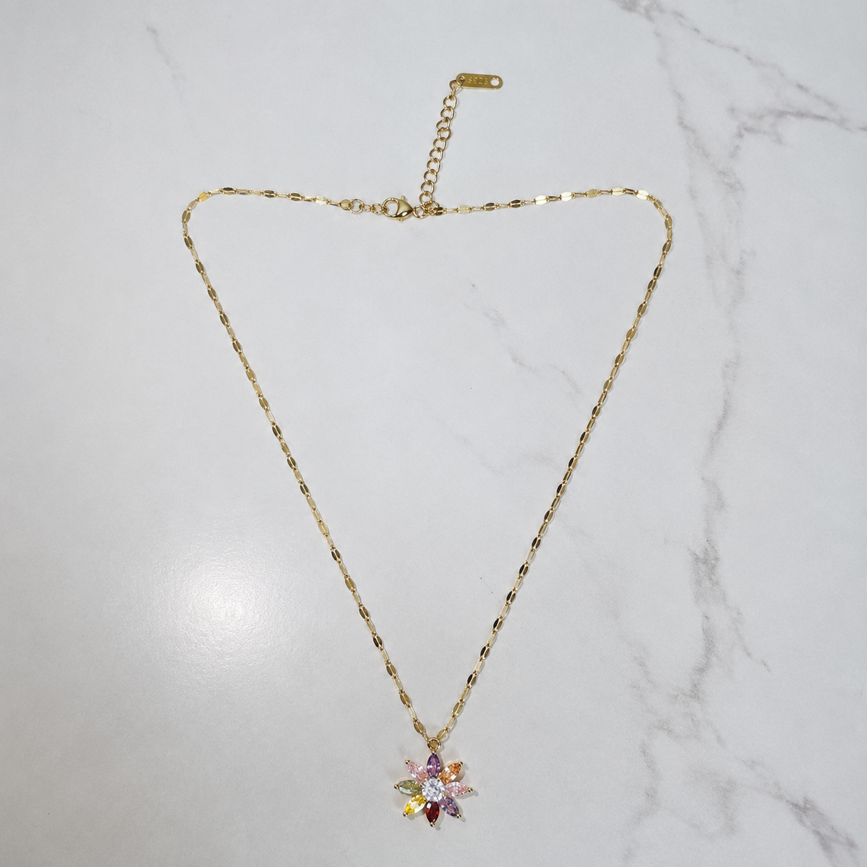 Multicolor Flower Necklace, Gold Stainless Steel, Rainbow CZ Floral Pendant, 18 Inch Adjustable Jewelry Gift for Her