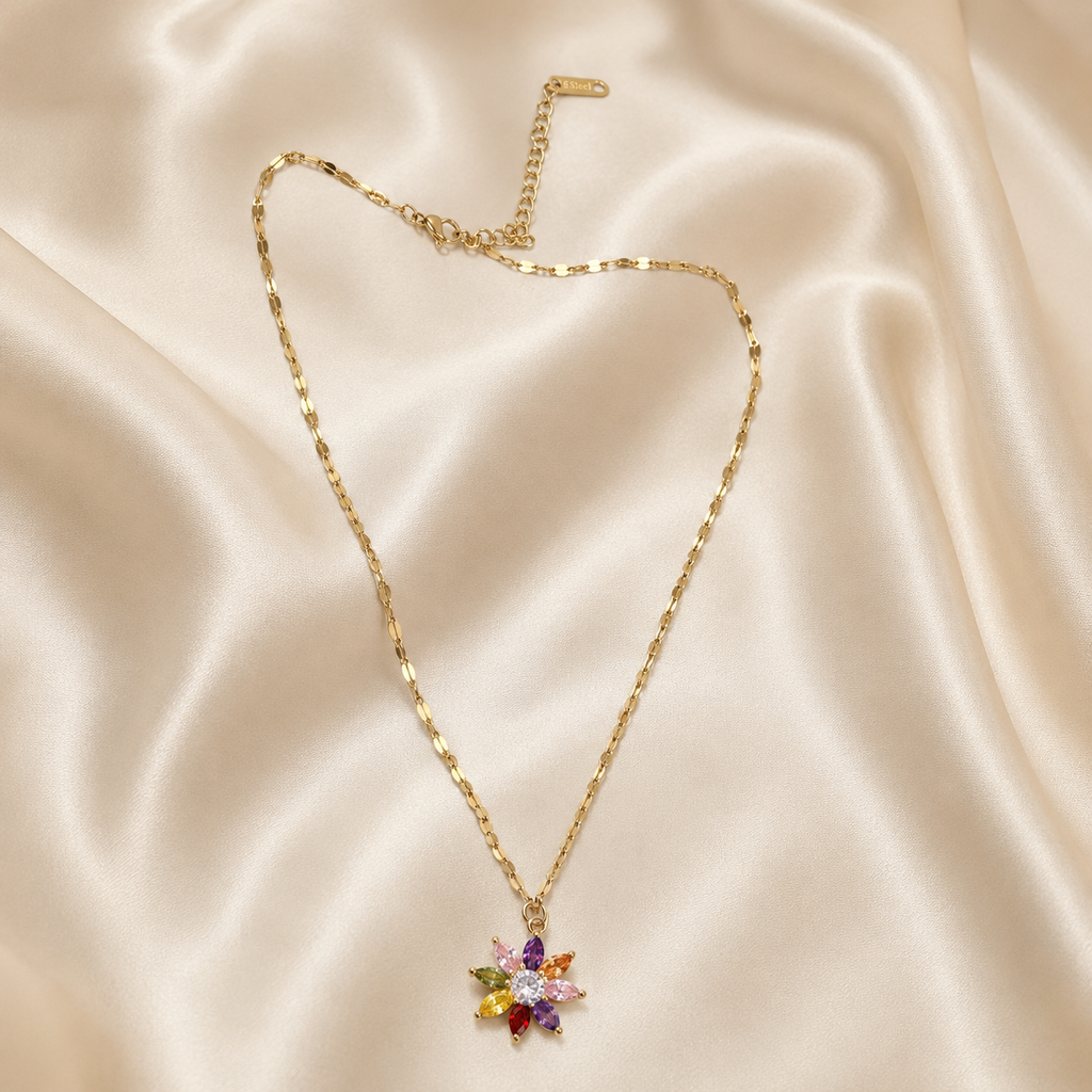 Multicolor Flower Necklace, Gold Stainless Steel, Rainbow CZ Floral Pendant, 18 Inch Adjustable Jewelry Gift for Her