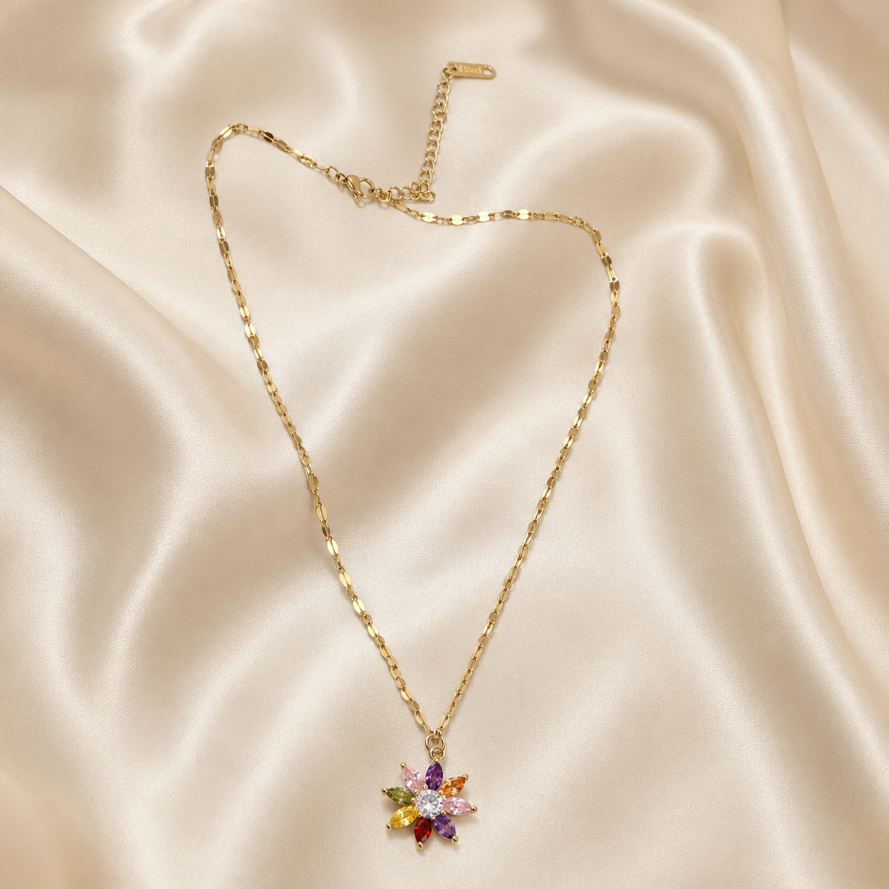 Multicolor Flower Necklace, Gold Stainless Steel, Rainbow CZ Floral Pendant, 18 Inch Adjustable Jewelry Gift for Her