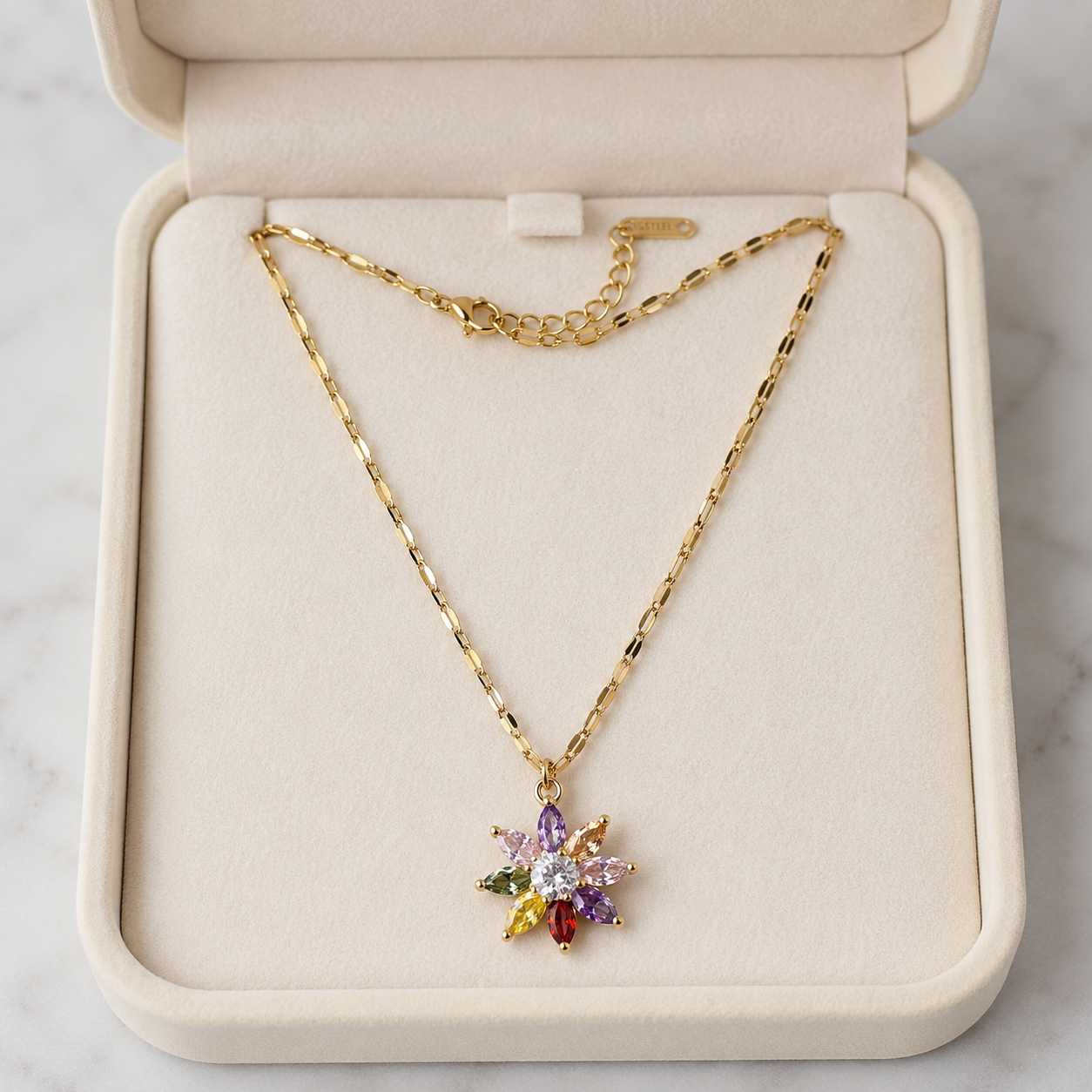 Multicolor Flower Necklace, Gold Stainless Steel, Rainbow CZ Floral Pendant, 18 Inch Adjustable Jewelry Gift for Her