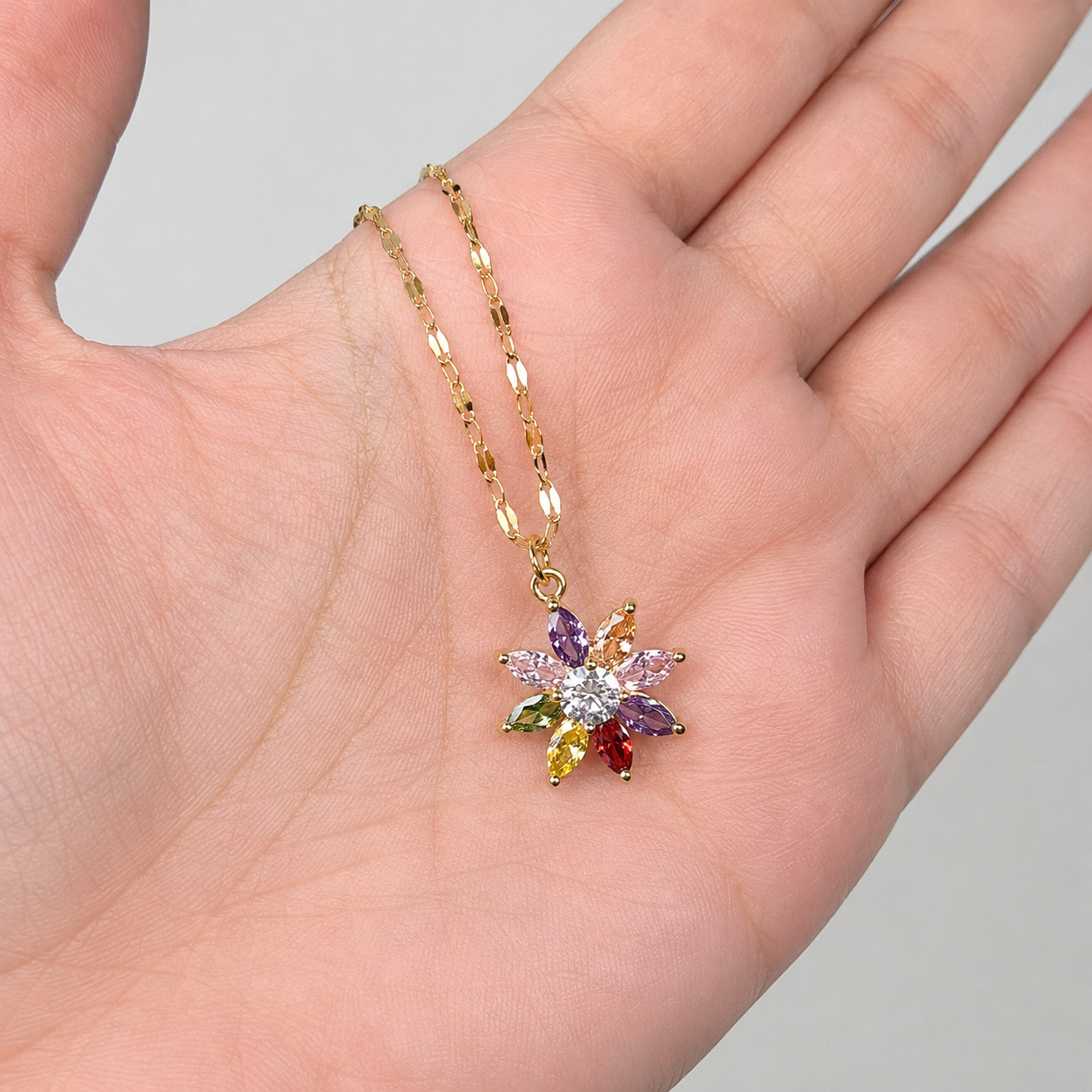 Multicolor Flower Necklace, Gold Stainless Steel, Rainbow CZ Floral Pendant, 18 Inch Adjustable Jewelry Gift for Her