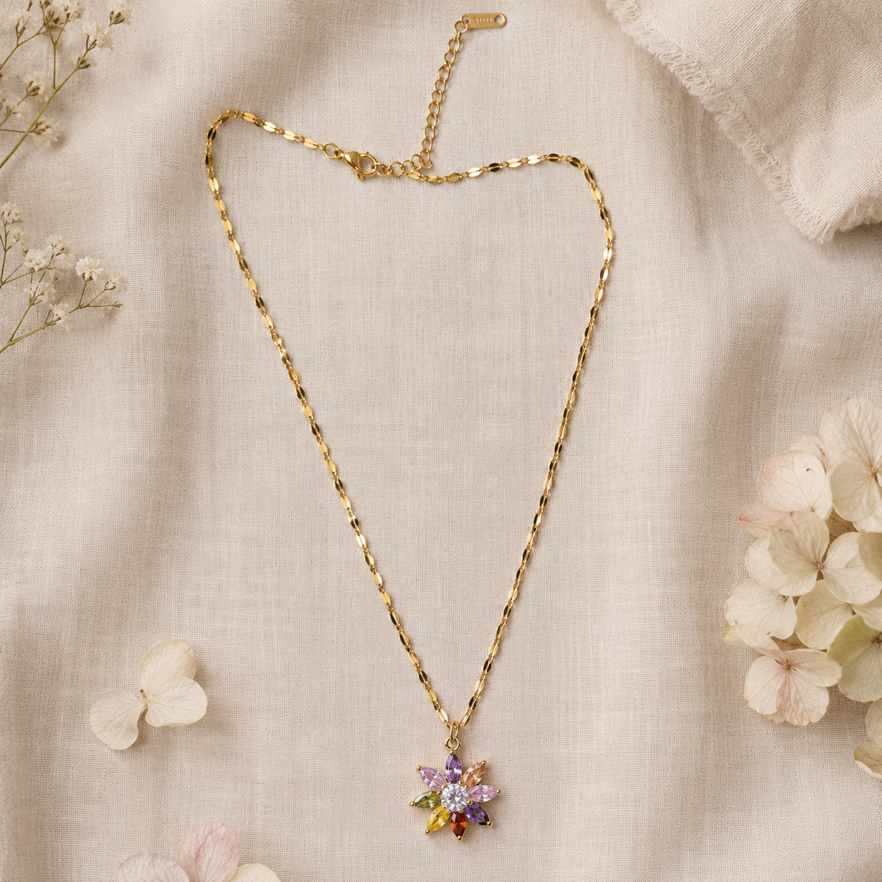 Multicolor Flower Necklace, Gold Stainless Steel, Rainbow CZ Floral Pendant, 18 Inch Adjustable Jewelry Gift for Her