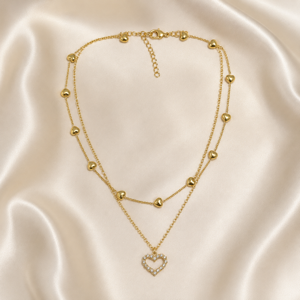 Layered Heart Necklace, Gold Stainless Steel, Crystal Open Heart Pendant, Double Chain, 18 Inch Adjustable Gift for Her