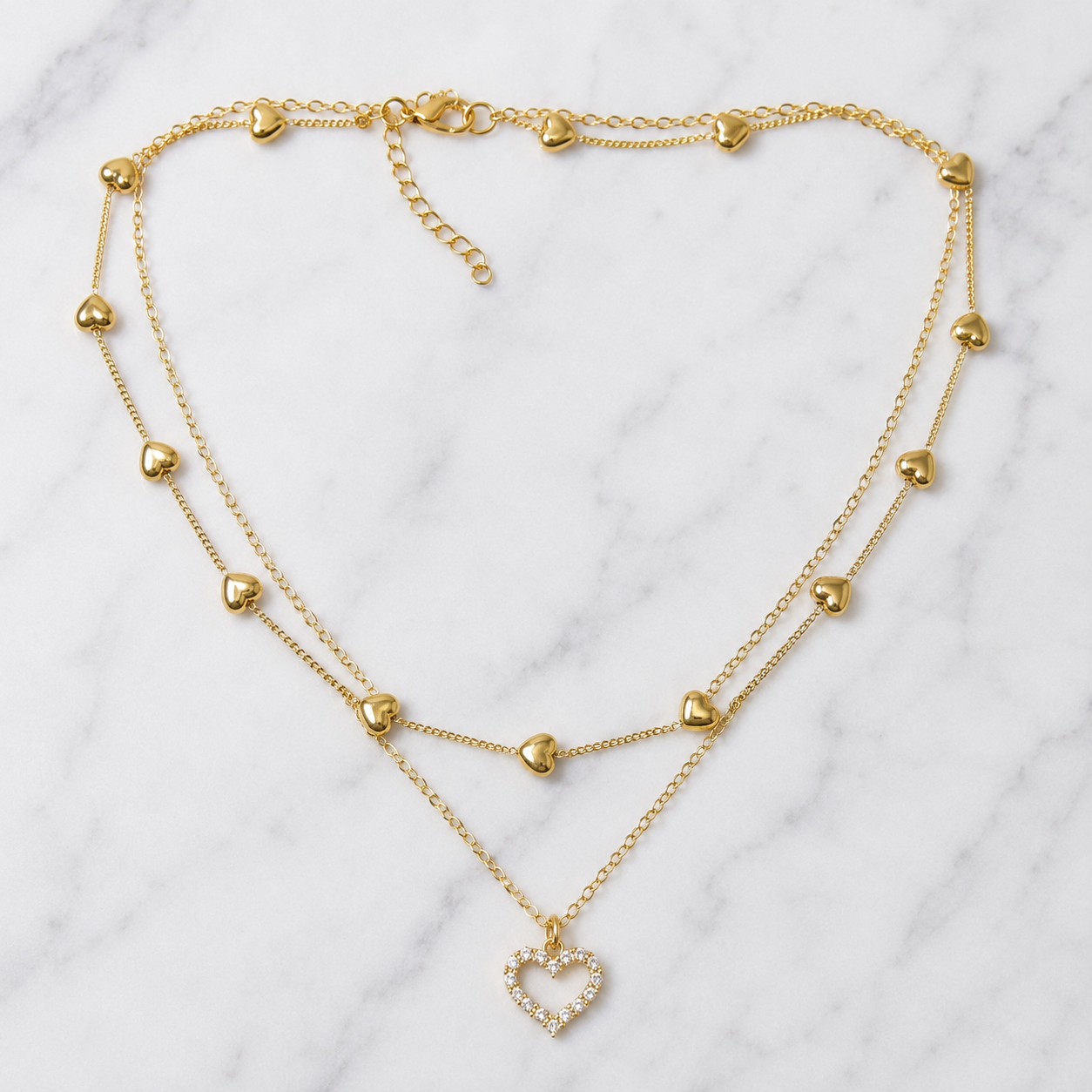 Layered Heart Necklace, Gold Stainless Steel, Crystal Open Heart Pendant, Double Chain, 18 Inch Adjustable Gift for Her