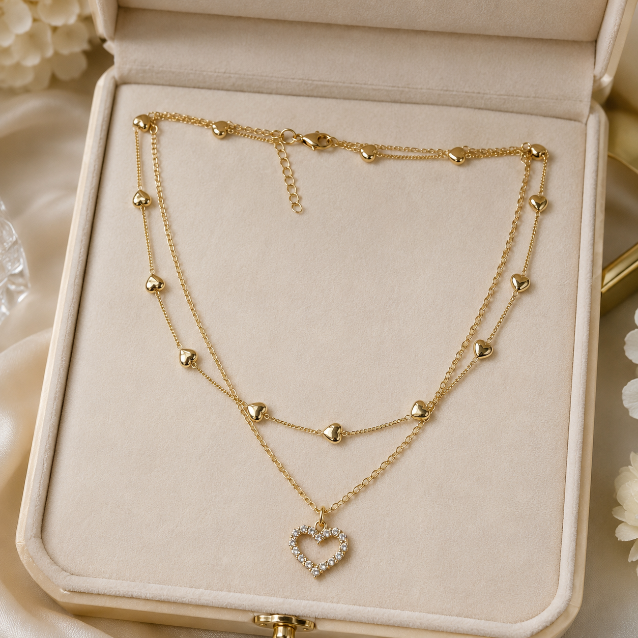 Layered Heart Necklace, Gold Stainless Steel, Crystal Open Heart Pendant, Double Chain, 18 Inch Adjustable Gift for Her