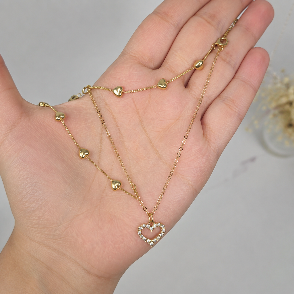 Layered Heart Necklace, Gold Stainless Steel, Crystal Open Heart Pendant, Double Chain, 18 Inch Adjustable Gift for Her