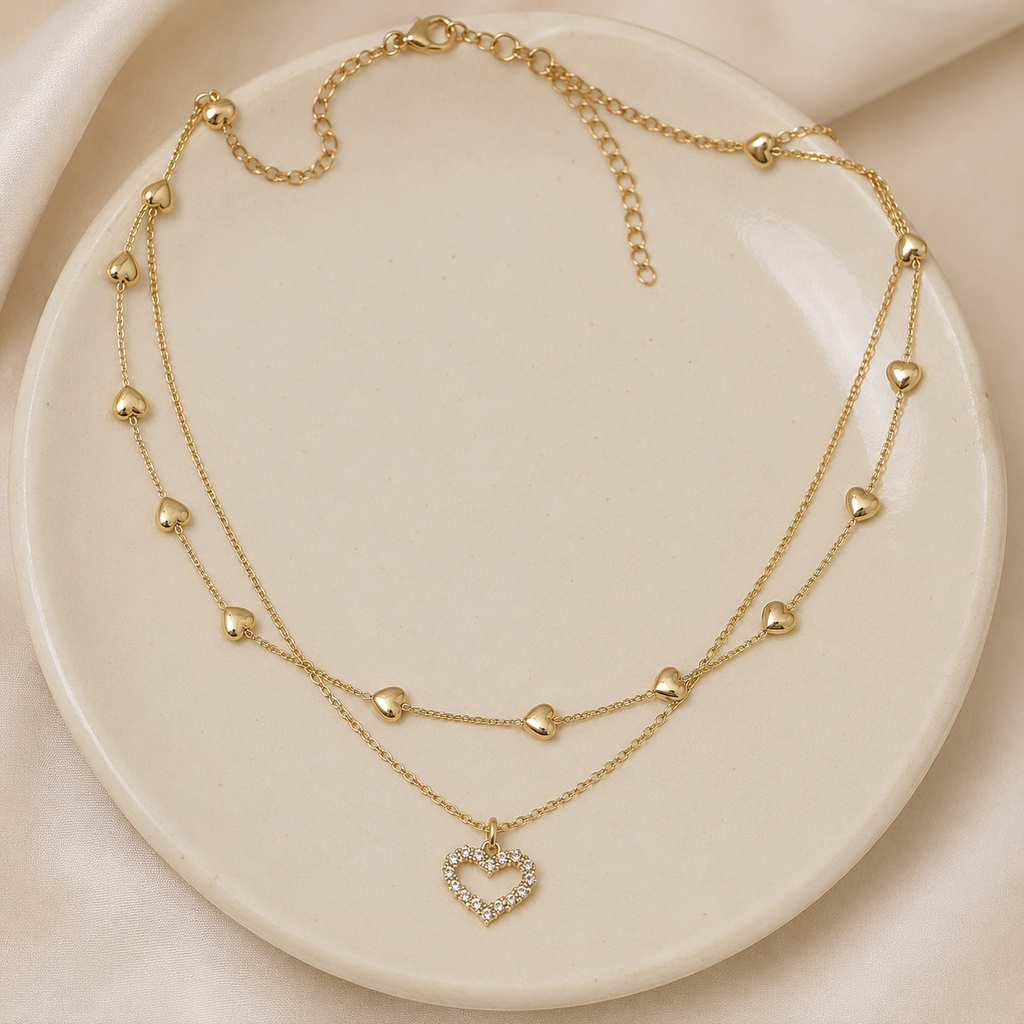 Layered Heart Necklace, Gold Stainless Steel, Crystal Open Heart Pendant, Double Chain, 18 Inch Adjustable Gift for Her