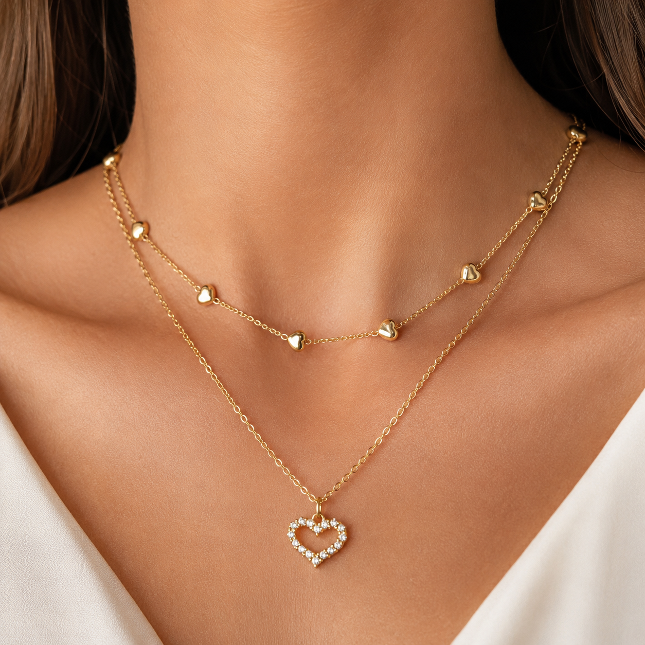 Layered Heart Necklace, Gold Stainless Steel, Crystal Open Heart Pendant, Double Chain, 18 Inch Adjustable Gift for Her
