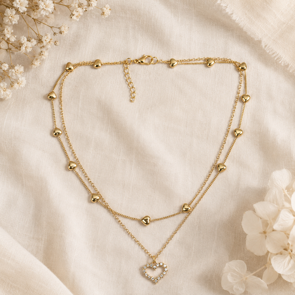 Layered Heart Necklace, Gold Stainless Steel, Crystal Open Heart Pendant, Double Chain, 18 Inch Adjustable Gift for Her