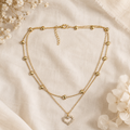Layered Heart Necklace, Gold Stainless Steel, Crystal Open Heart Pendant, Double Chain, 18 Inch Adjustable Gift for Her