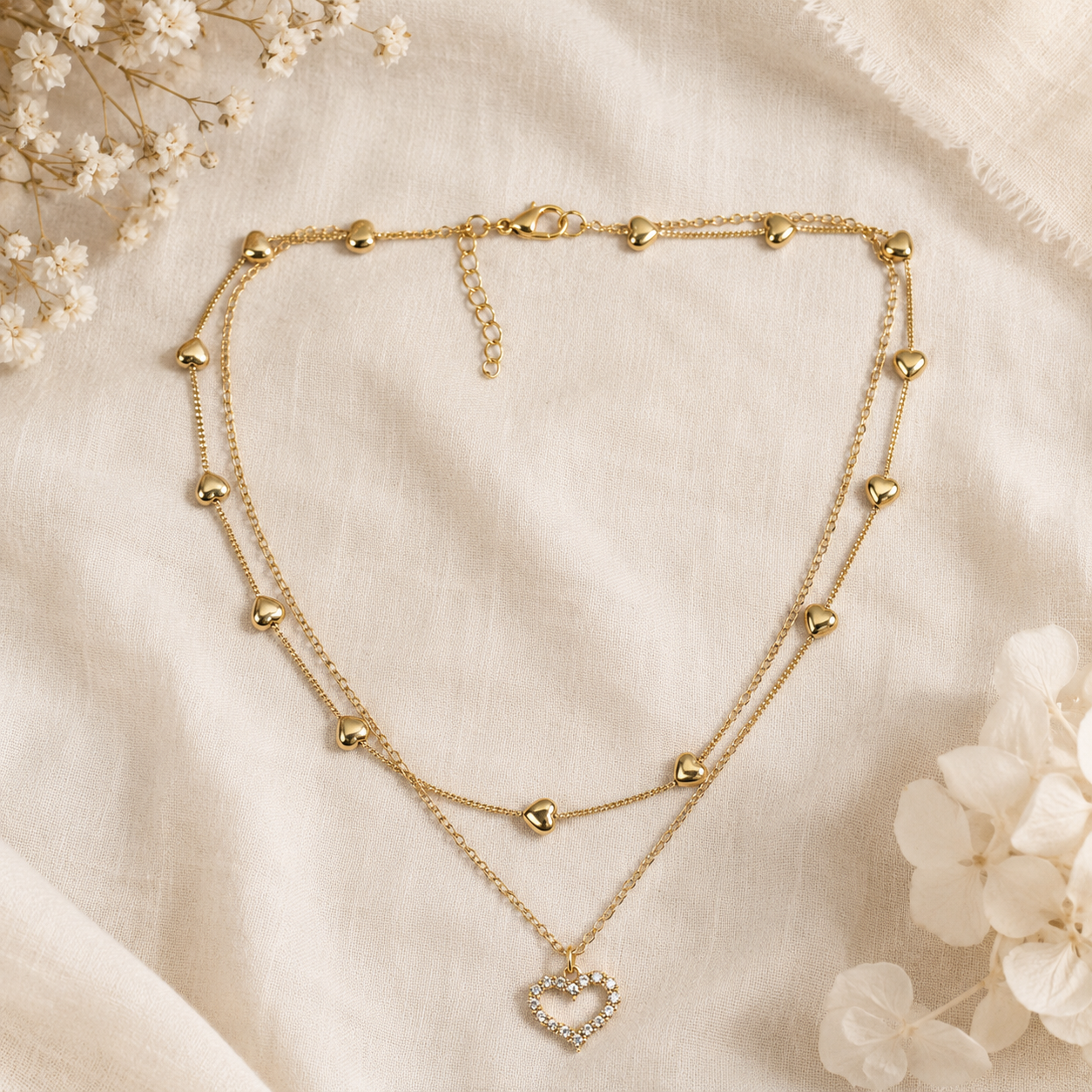 Layered Heart Necklace, Gold Stainless Steel, Crystal Open Heart Pendant, Double Chain, 18 Inch Adjustable Gift for Her