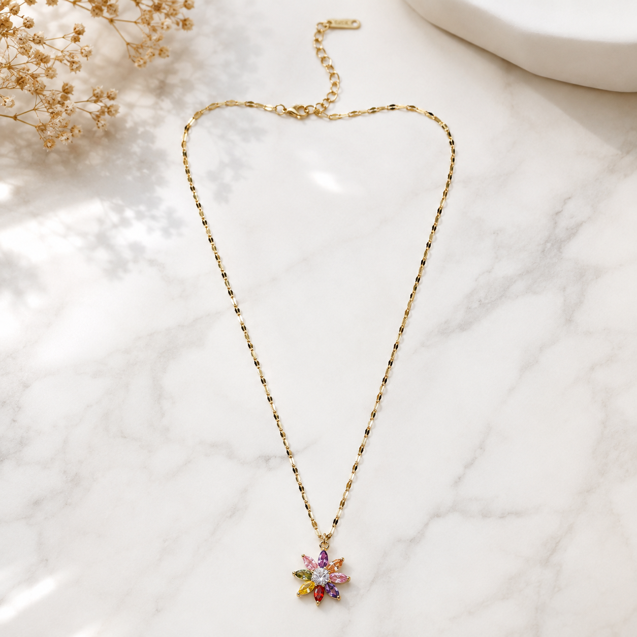 Multicolor Flower Necklace, Gold Stainless Steel, Rainbow CZ Floral Pendant, 18 Inch Adjustable Jewelry Gift for Her