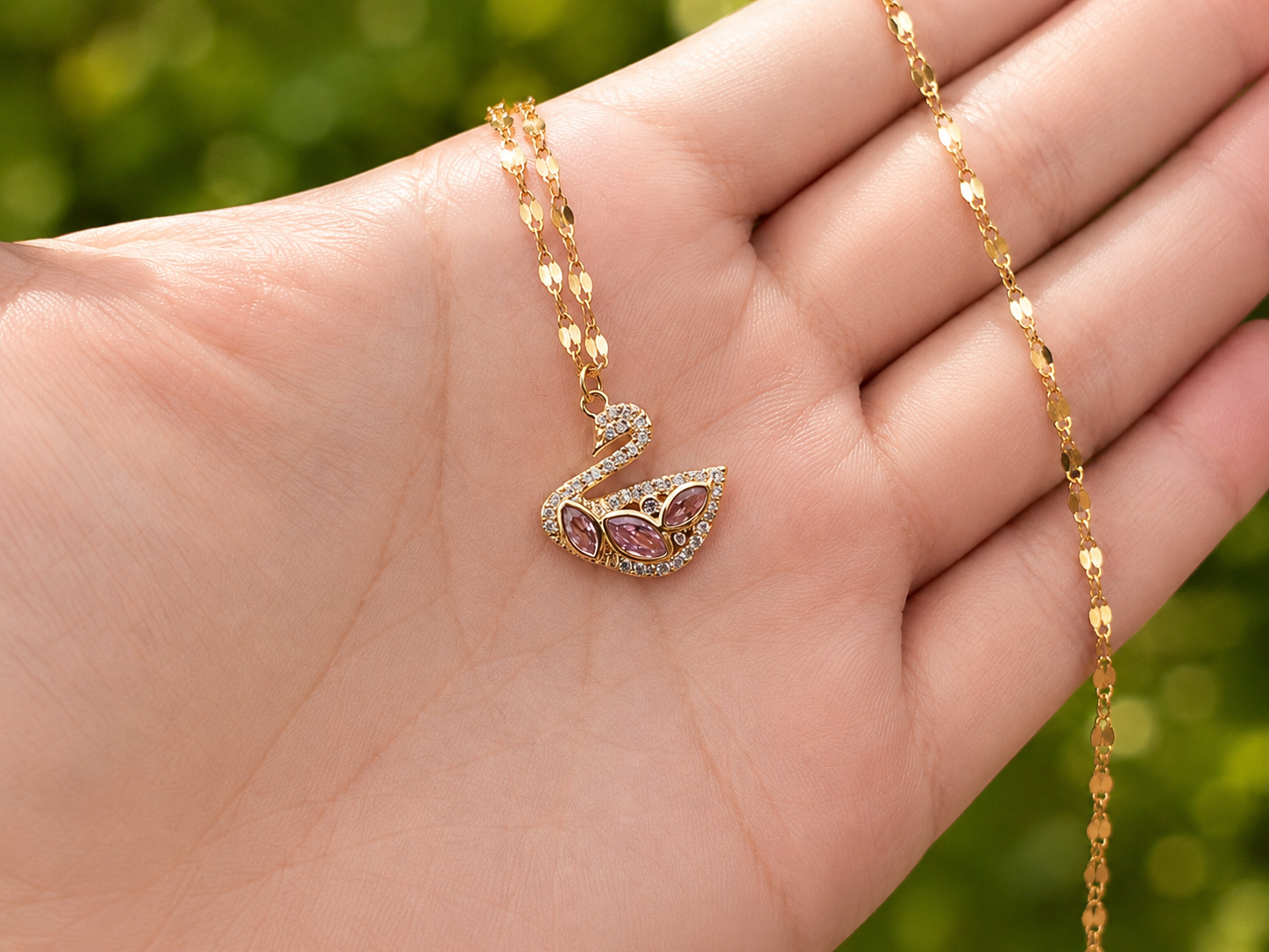 Gold Swan Necklace, Pink White Moissanite Pendant, Dainty Adjustable 18-Inch Jewelry, Tarnish Resistant Gift