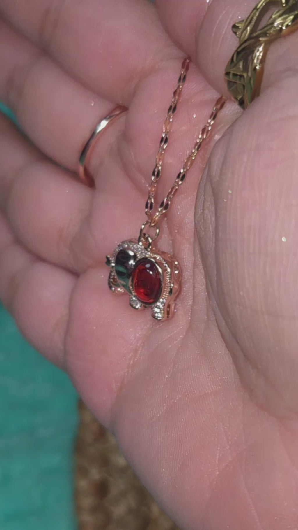 Red Elephant Pendant Necklace, Rose Gold Tone Stainless Steel, 18 Inch Adjustable Crystal Animal Jewelry Gift for Her