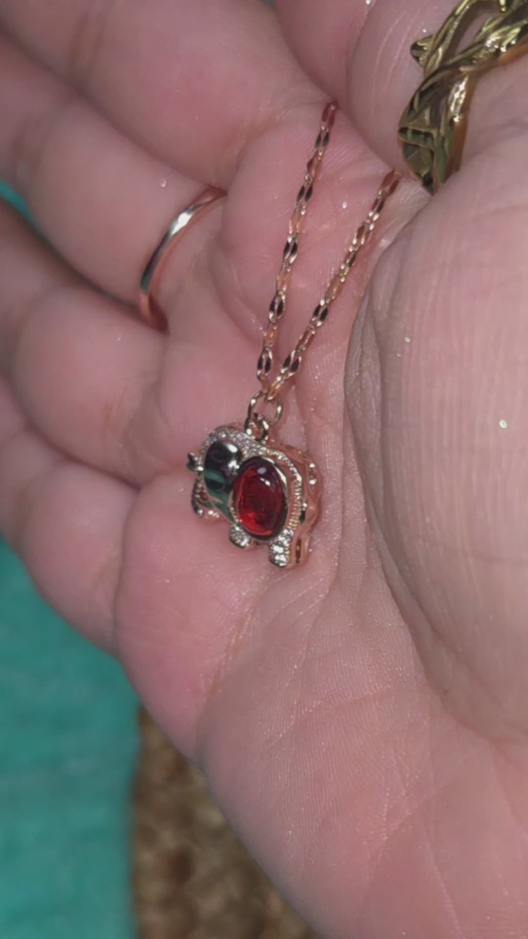 Red Elephant Pendant Necklace, Rose Gold Tone Stainless Steel, 18 Inch Adjustable Crystal Animal Jewelry Gift for Her