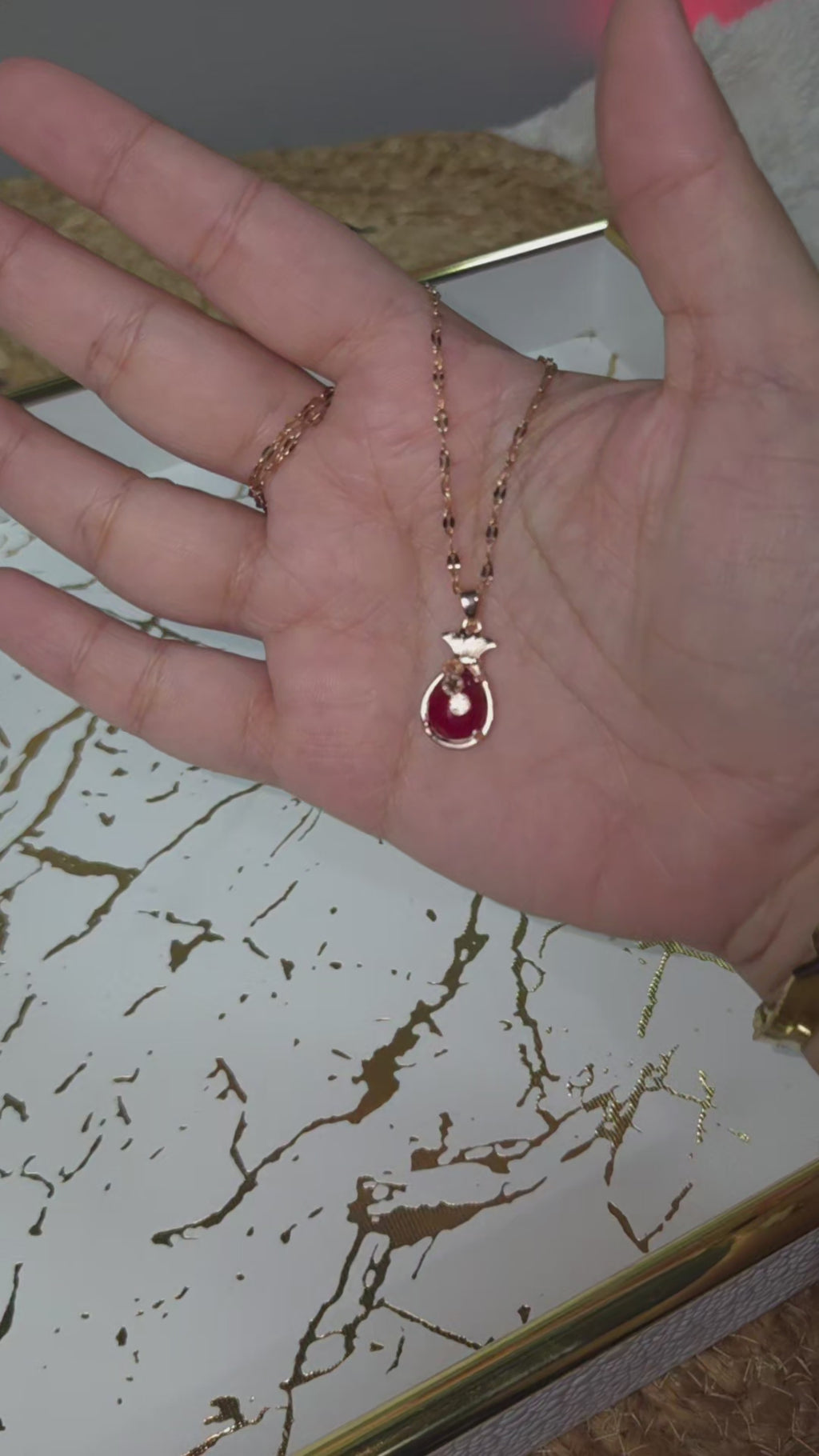 Red Teardrop Pendant Necklace, Gold Tone Stainless Steel, Sparkling Clear Stone Accents, 18 Inch Adjustable Gift for Her