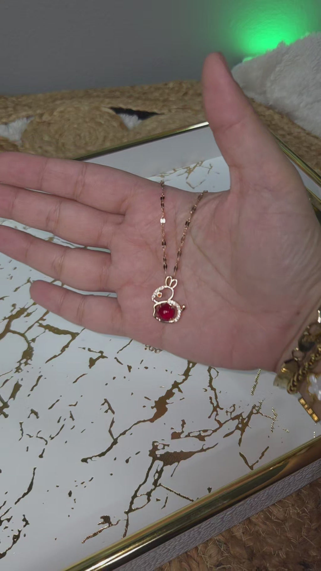 Red Bunny Necklace, Gold Tone Rabbit Pendant with Clear Stones, 18 Inch Adjustable Stainless Steel Gift for Her