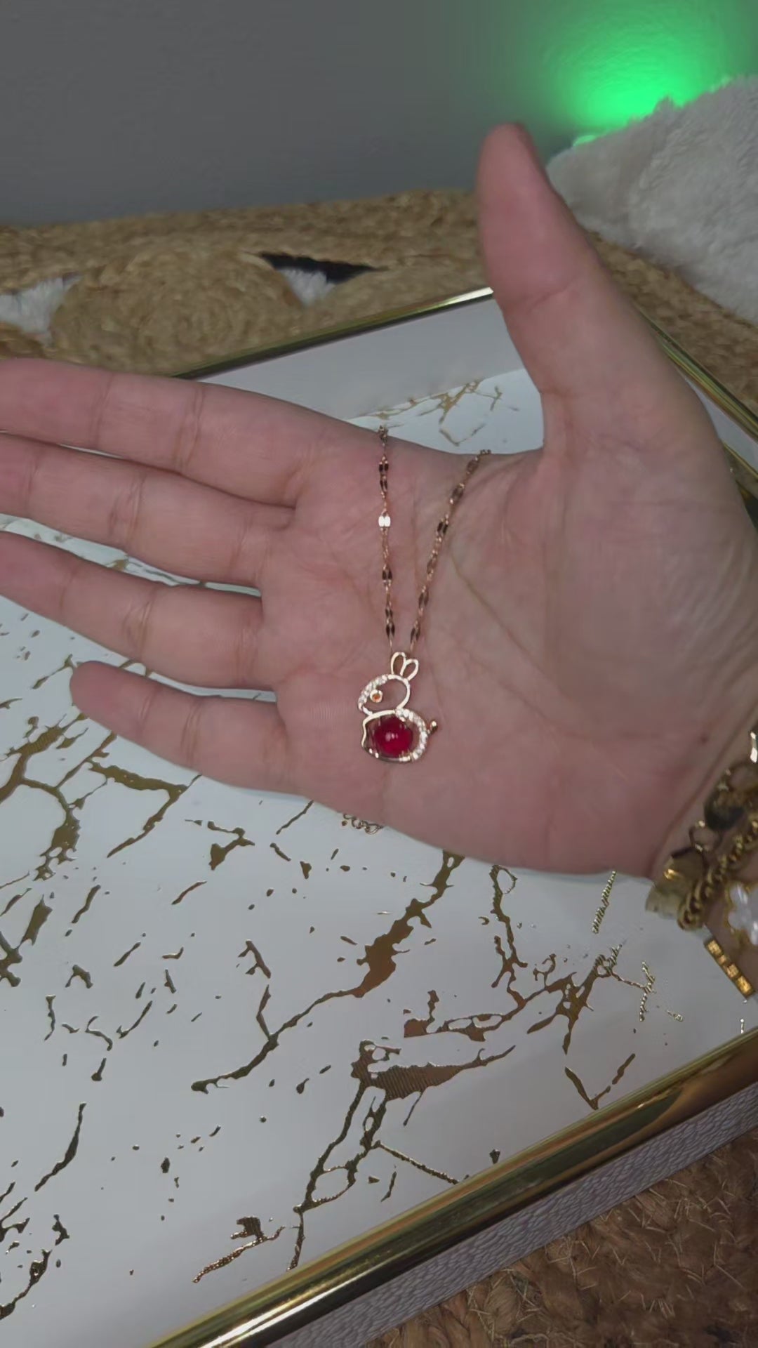 Red Bunny Necklace, Gold Tone Rabbit Pendant with Clear Stones, 18 Inch Adjustable Stainless Steel Gift for Her