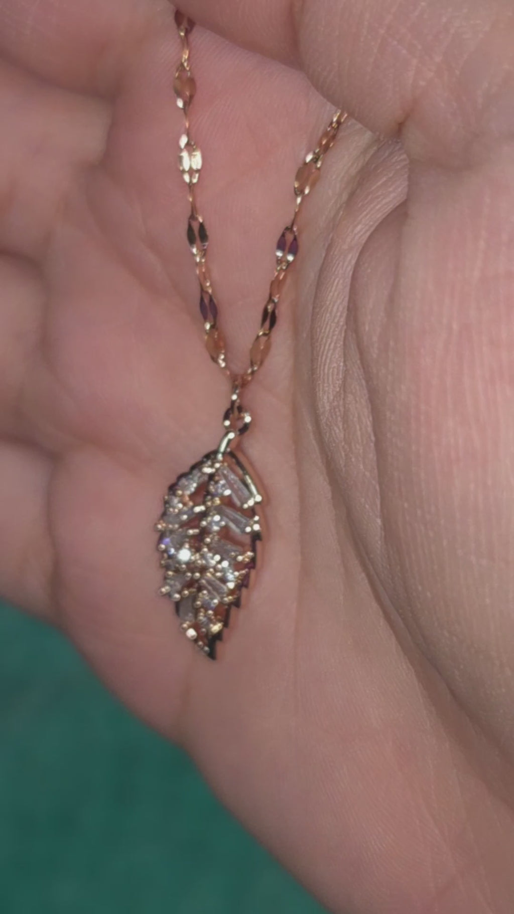 Rose Gold Crystal Leaf Necklace, Cubic Zirconia Pendant, Stainless Steel, 18 Inch Adjustable Gift for Her