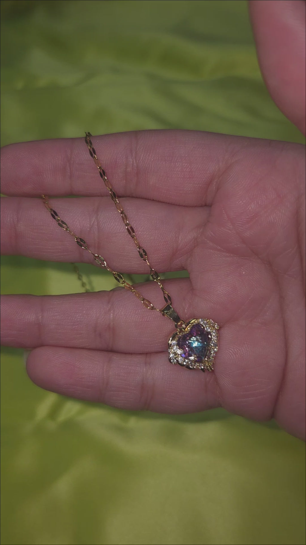 Purple Heart Necklace, Iridescent Crystal Pendant, Gold Tone Stainless Steel, 18 Inch Adjustable Gift for Her