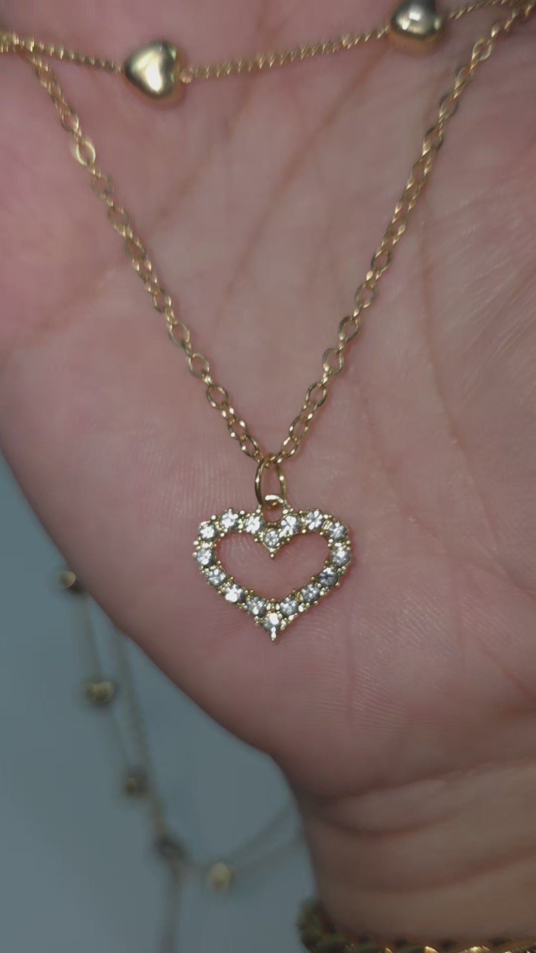 Layered Heart Necklace, Gold Stainless Steel, Crystal Open Heart Pendant, Double Chain, 18 Inch Adjustable Gift for Her